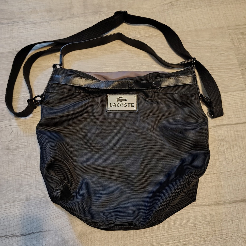 Lacoste Black Nylon Crossbody Messenger Bag Leather Trim Adjustable‎ Strap Logo